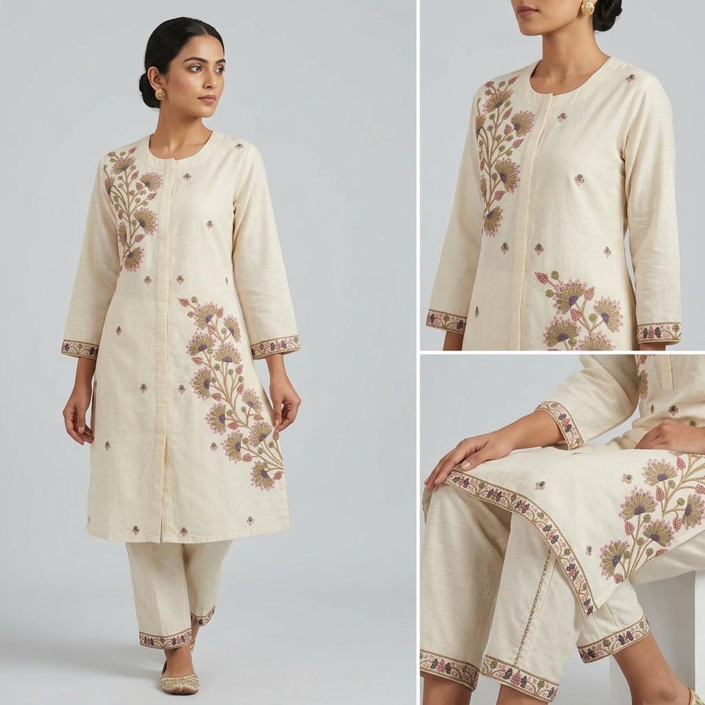 Cream Floral Embroidered Kurta Set