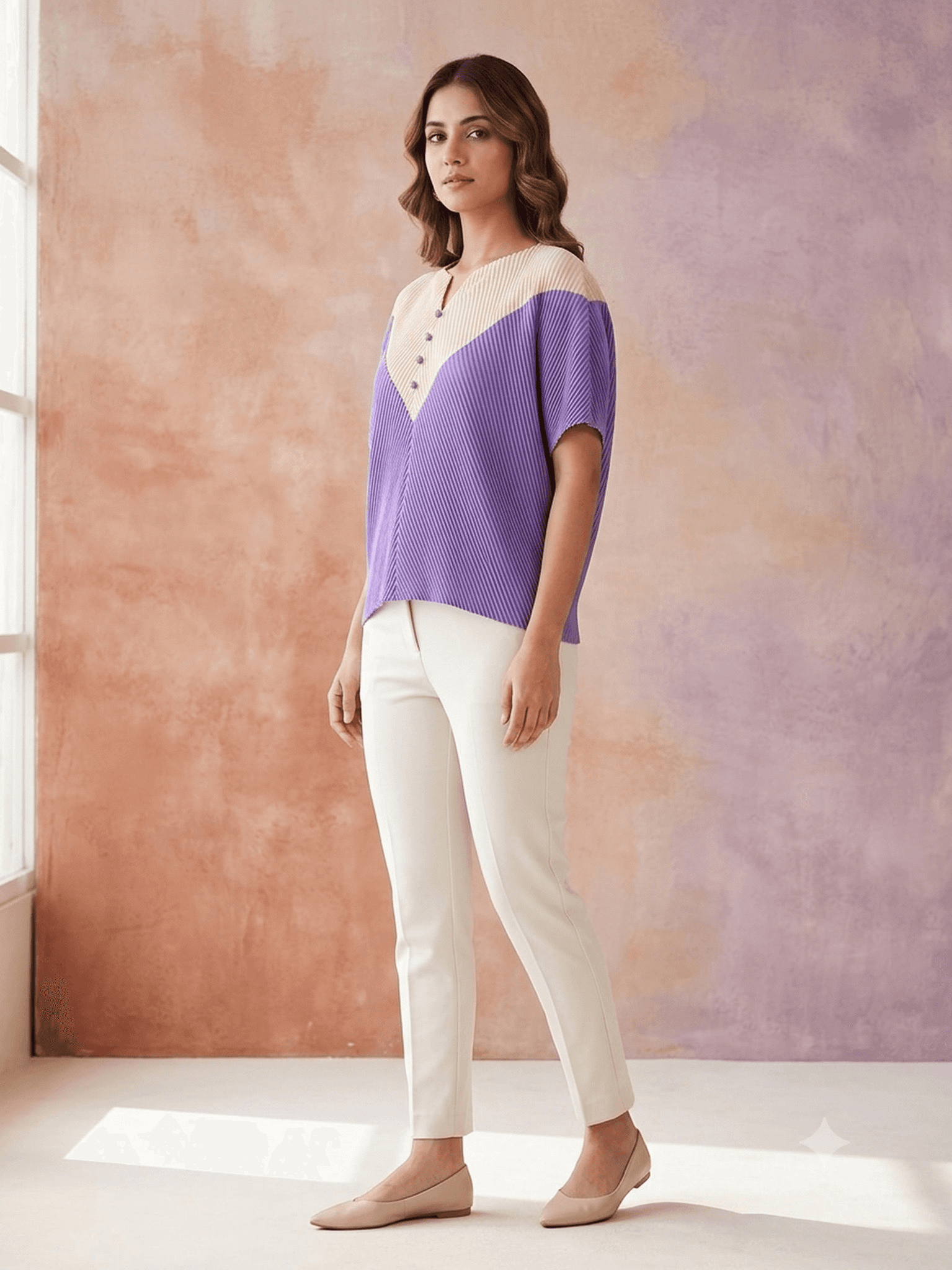Purple & Beige Pleated Color Block Top