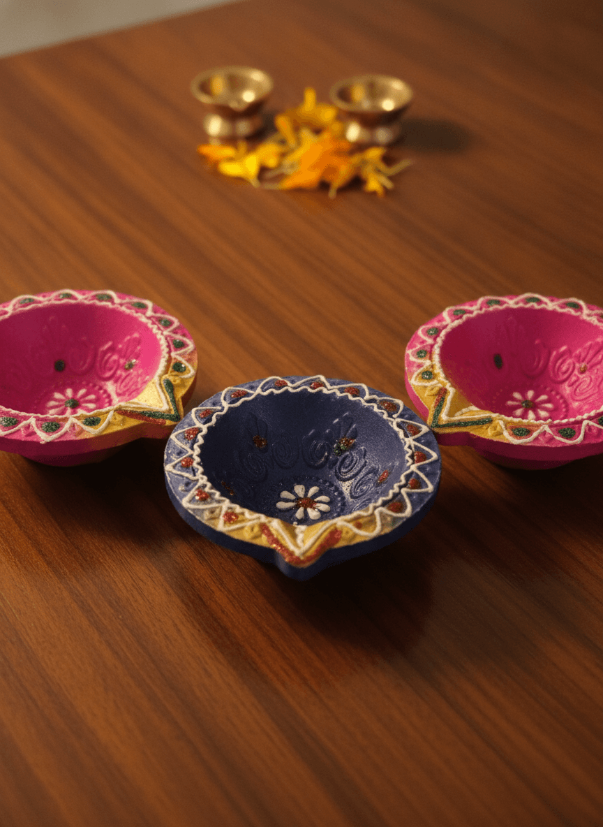 Painted Clay Diya — Blue