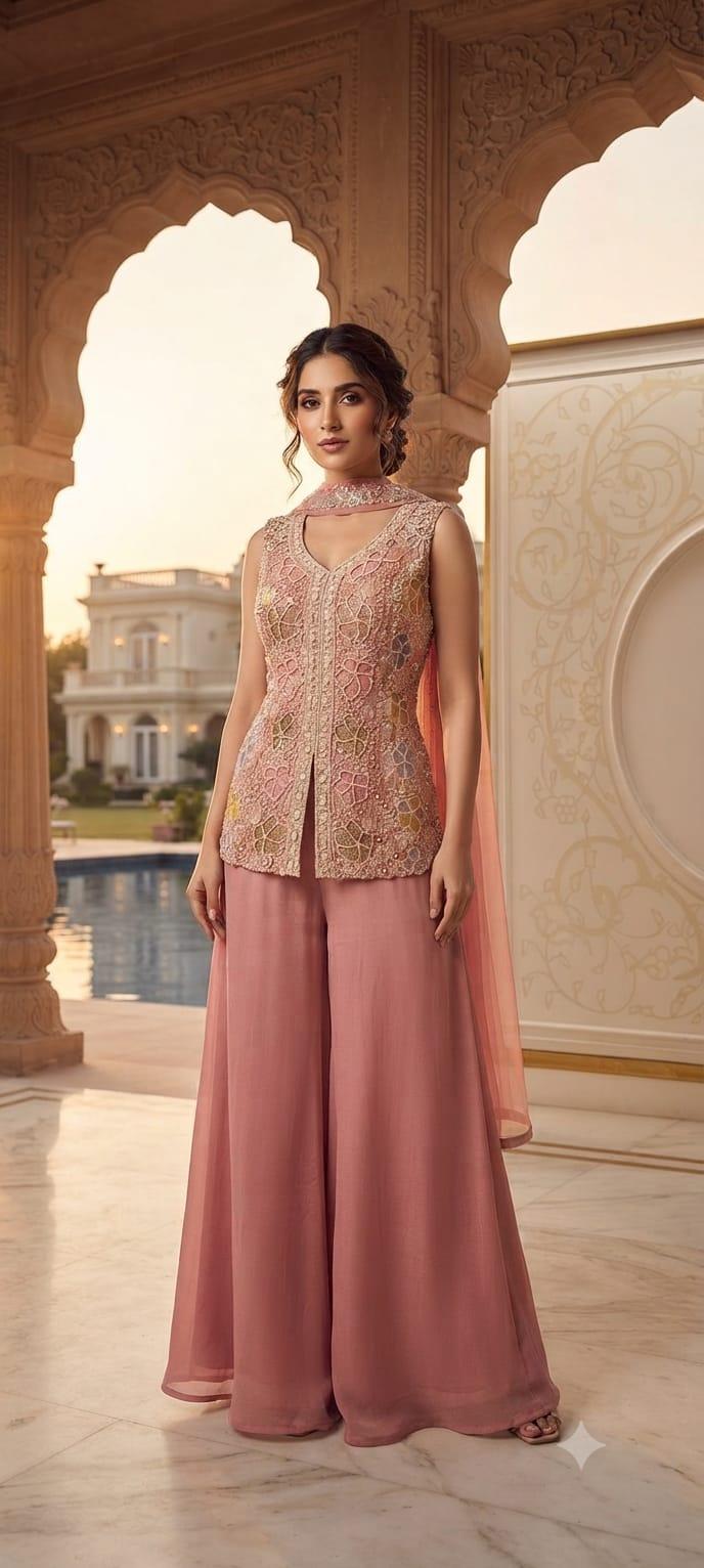 Dusty Pink Embroidered Jacket & Palazzo Set
