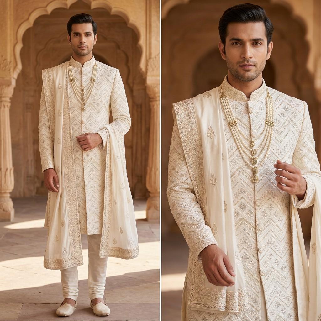 Ivory Embroidered Sherwani with Dupatta