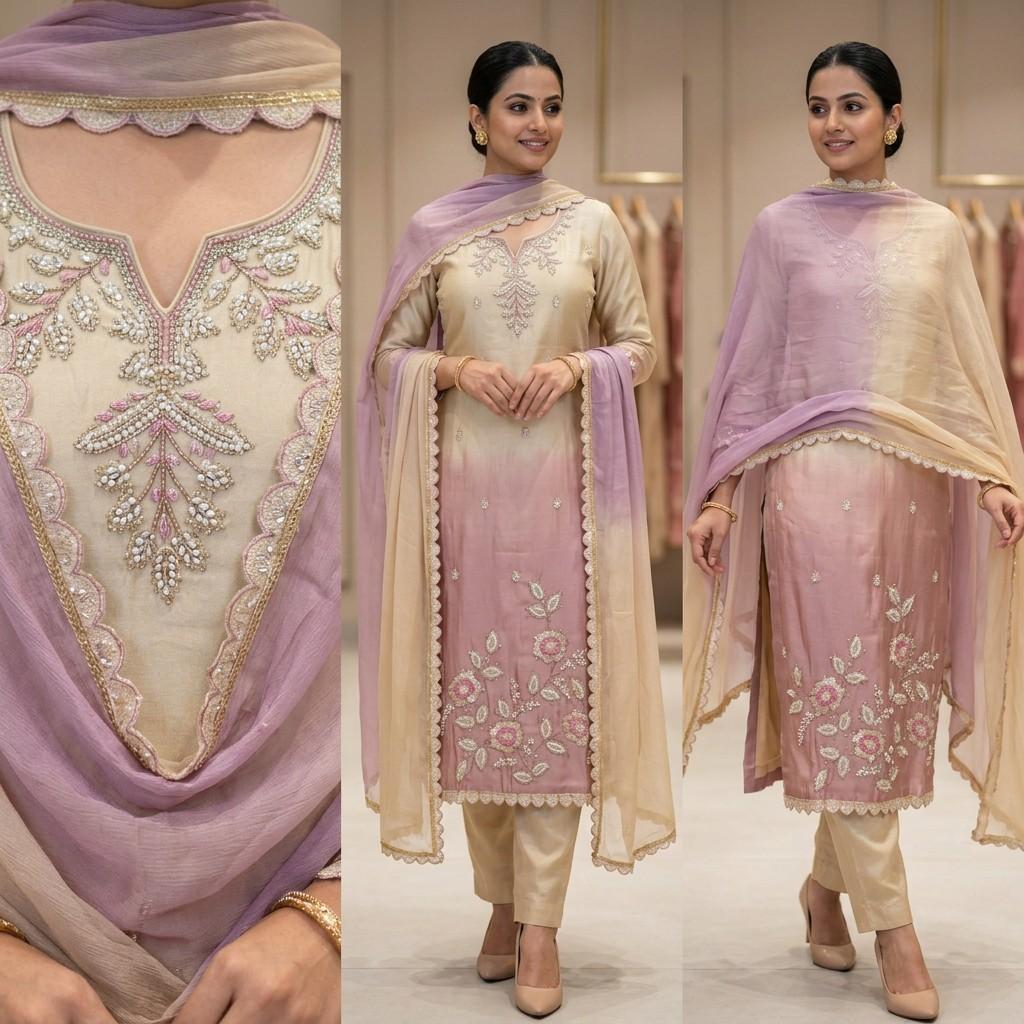 Beige–Dusty Pink Ombre Embroidered Set