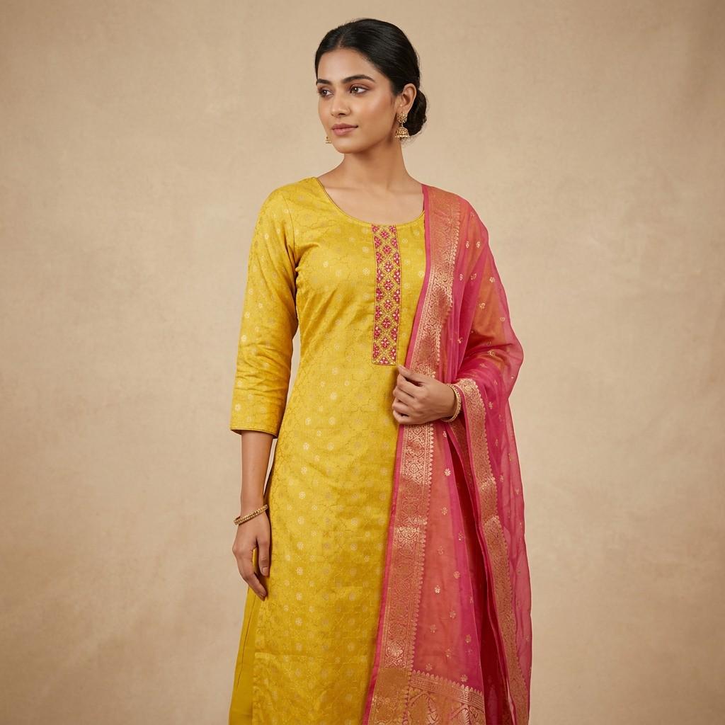 Yellow kurta with embroidered placket, matching pants and pink dupatta