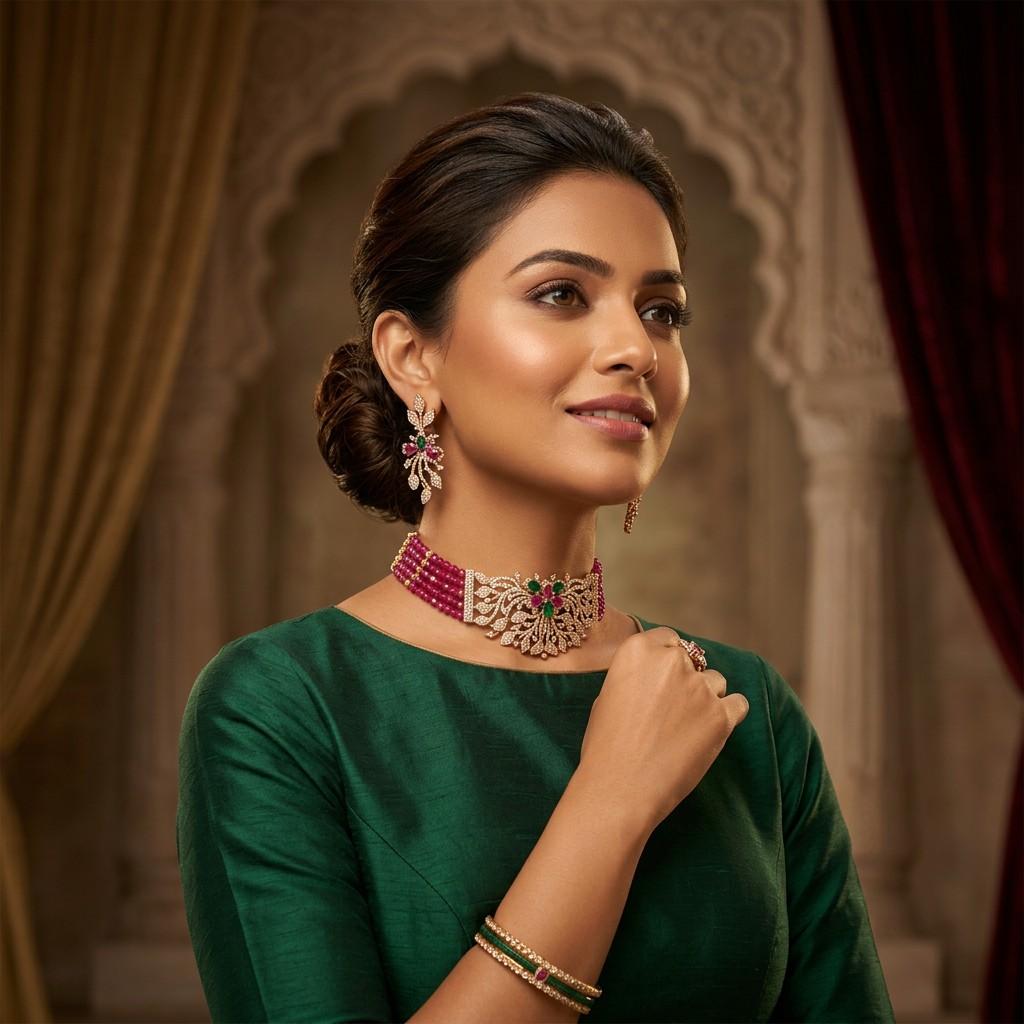 Diamond, Ruby & Emerald Choker Necklace Set