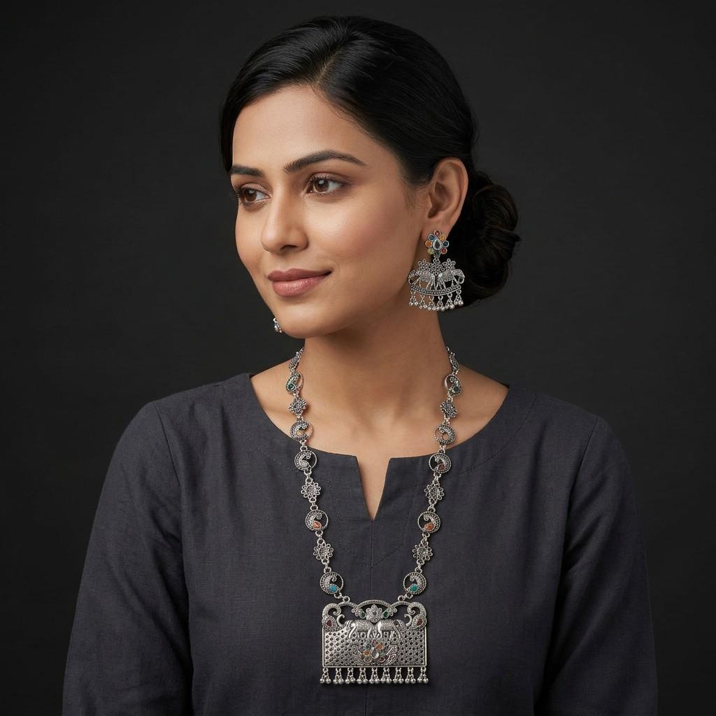 Oxidized Silver Elephant Motif Jewellery Set