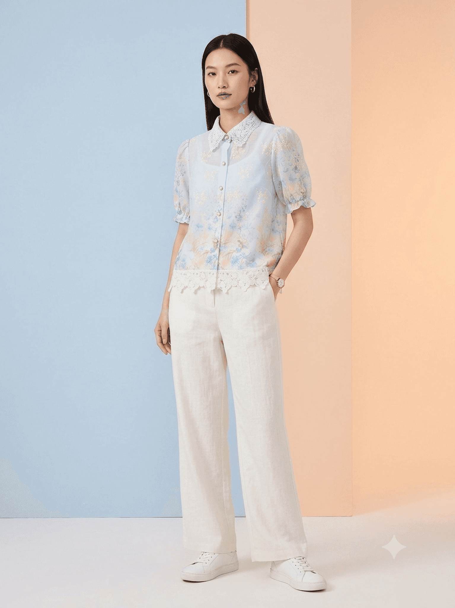 Floral Lace-Hem Blouse — Pastel Blue