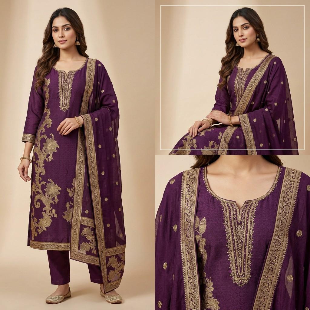Purple Embroidered Kurta with Dupatta