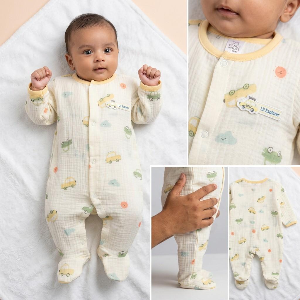 Cream Car Print Footed Romper