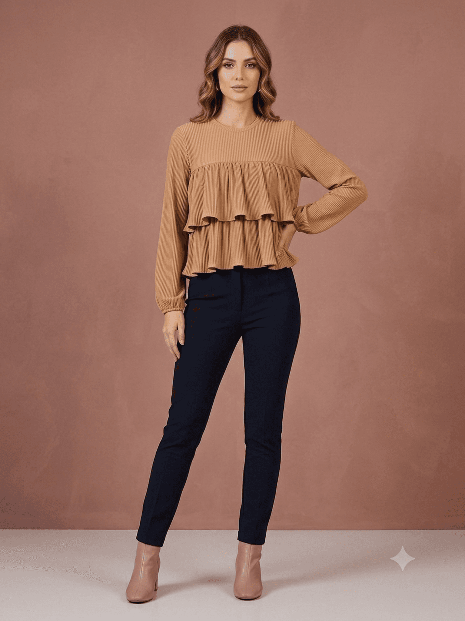 Tan Ribbed Ruffle Tiered Top