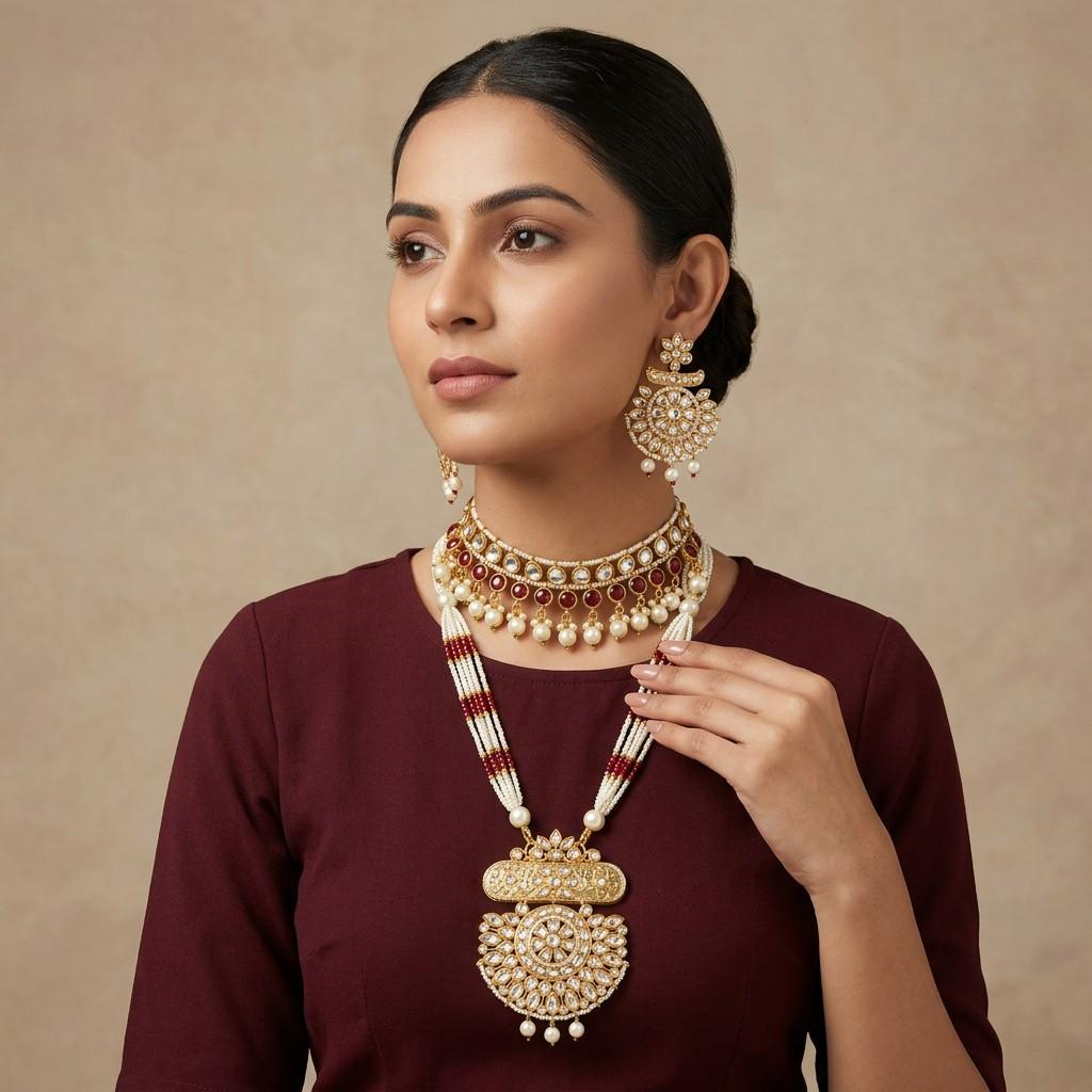 Kundan Pearl Necklace Set - Choker, Long Haar & Earrings