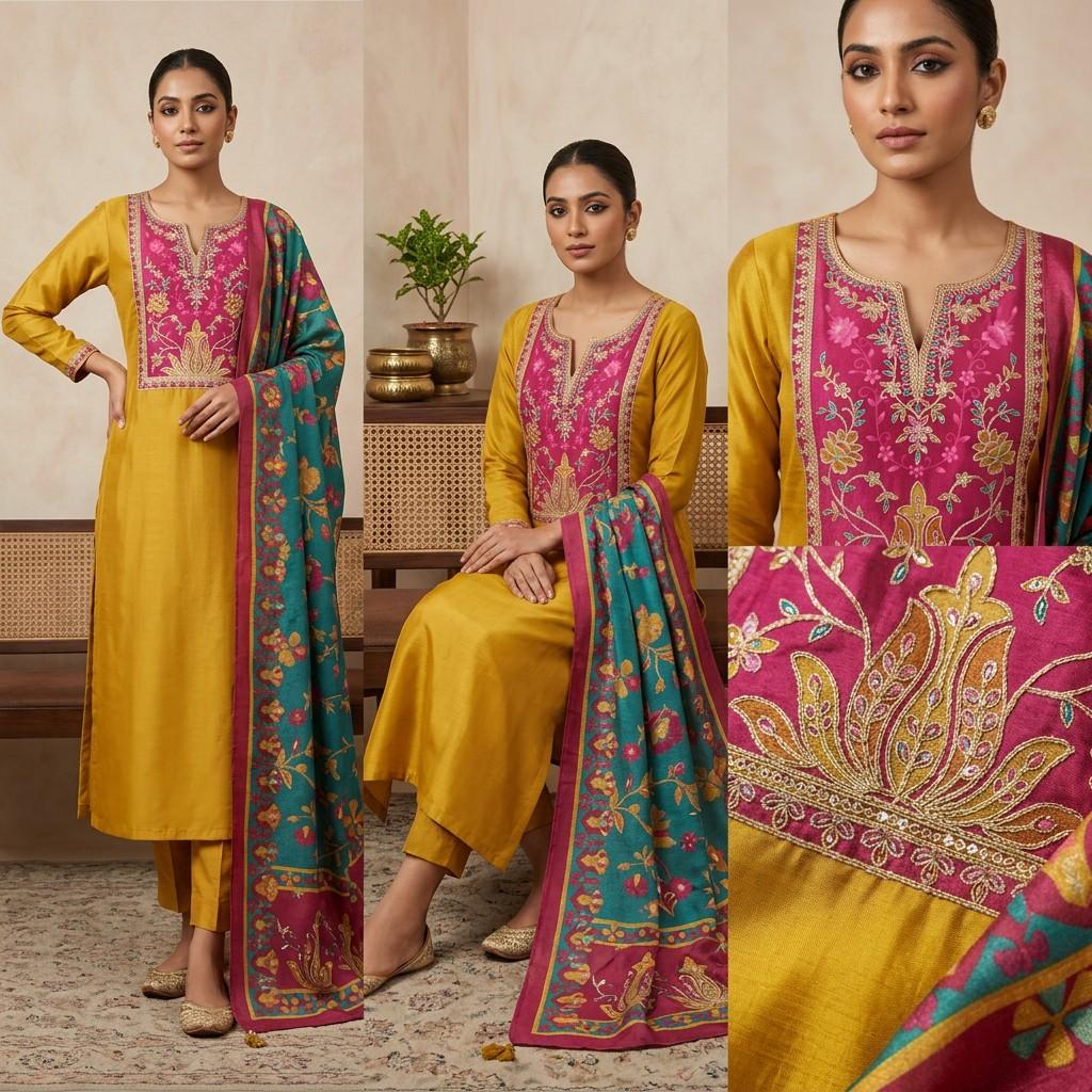 Mustard Yellow Kurta with Pink Embroidered Front Panel — Single Set