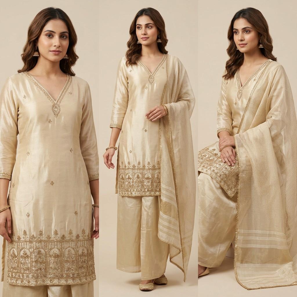 Cream Embroidered Kurta with Dupatta and Palazzo