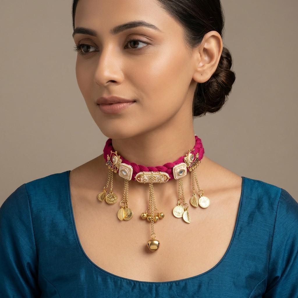Magenta Threadwork & Gold-Tone Coin Choker