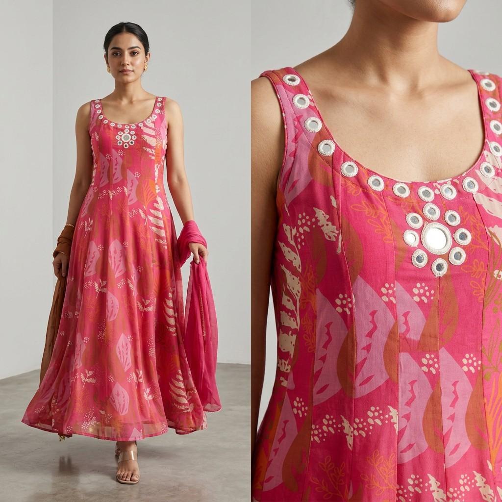 Pink Printed Sleeveless A-line Kurta