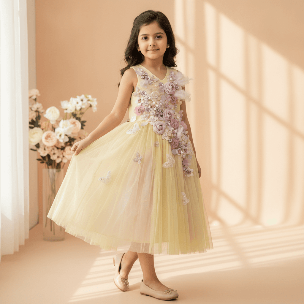 Pale Yellow with Pink & Lilac Floral Appliqués