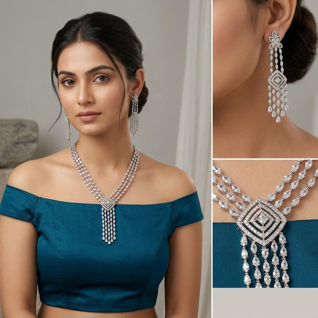 Three-strand Tassel Necklace with Matching Earrings