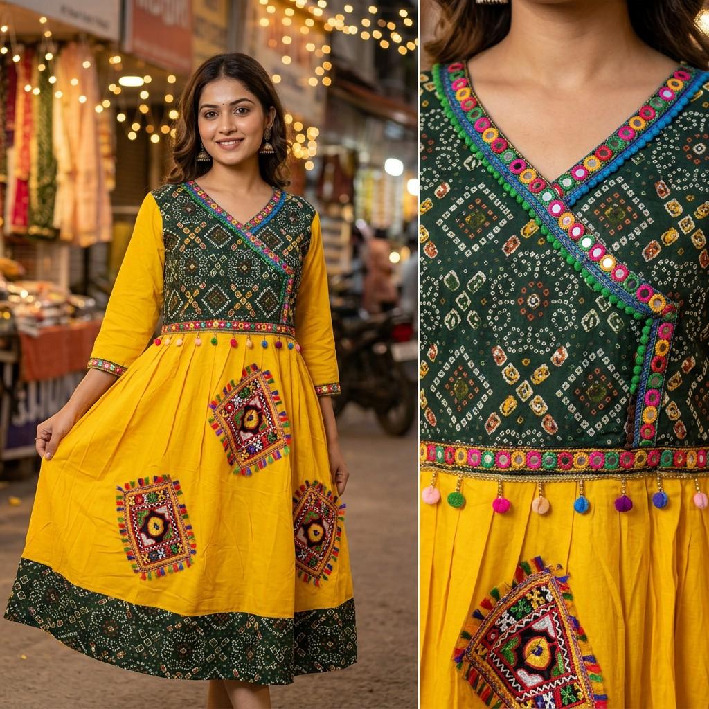 Yellow Flared Kurta with Mirror & Embroidered Patches