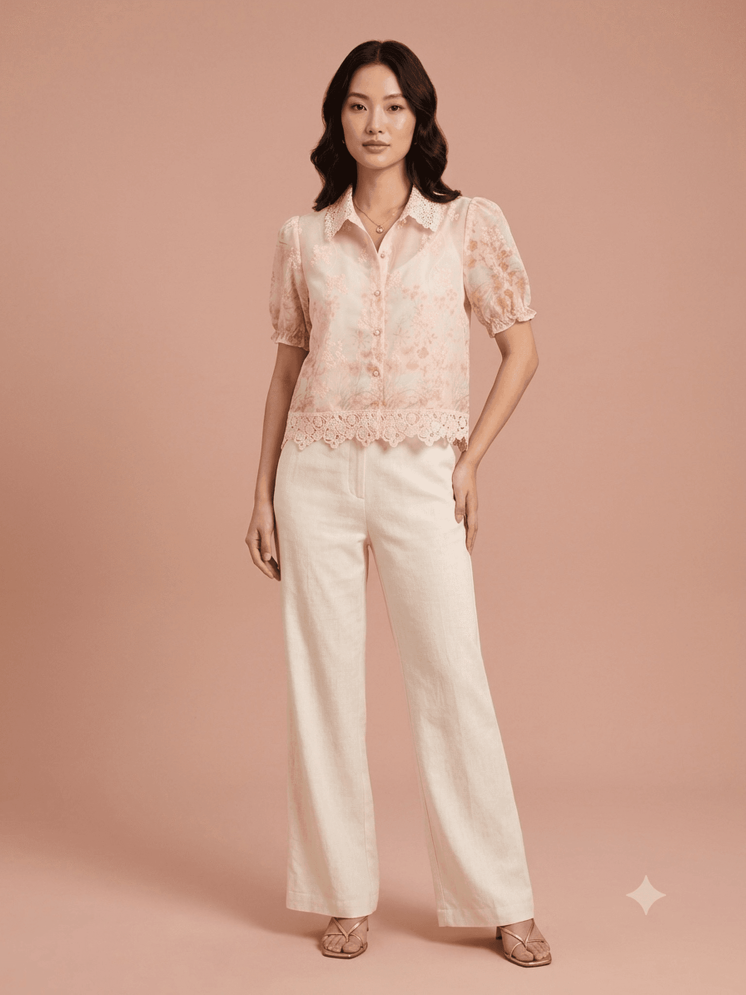 Floral Lace-Hem Blouse — Blush Pink