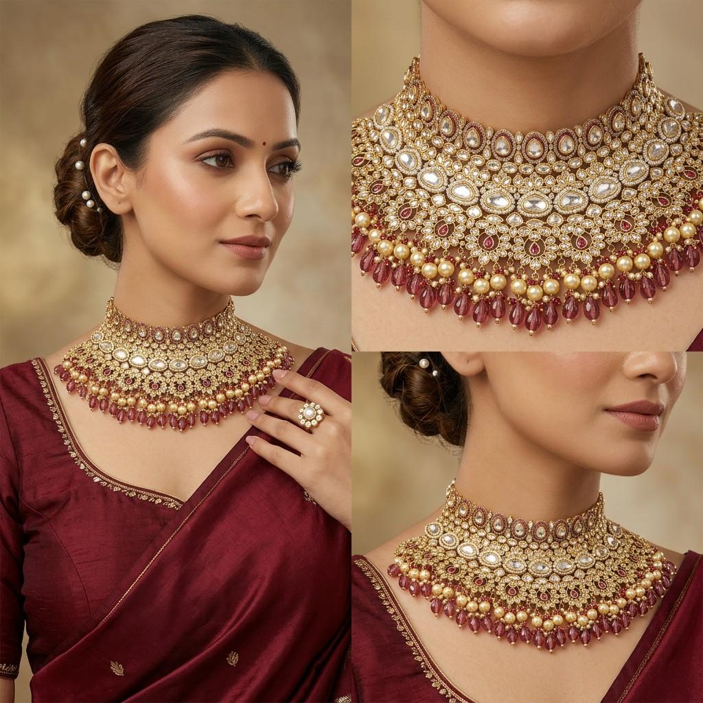 Gold Kundan Choker with Red Bead Fringe