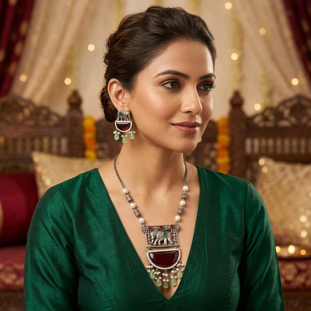 Oxidized Silver Elephant Motif Necklace Set